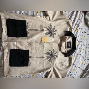 MALIBU Short-Sleeved Textured Button Down Shirt | Tan & Black/Brown | Size: L